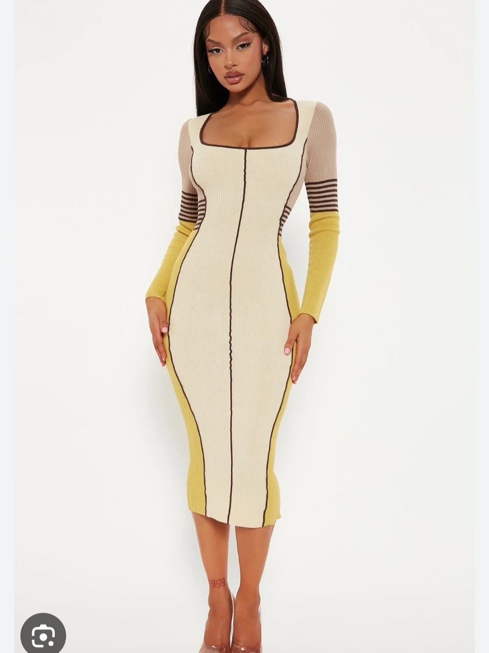 Ribbed Square-Neck Midi Dress in Cream and Yellow
